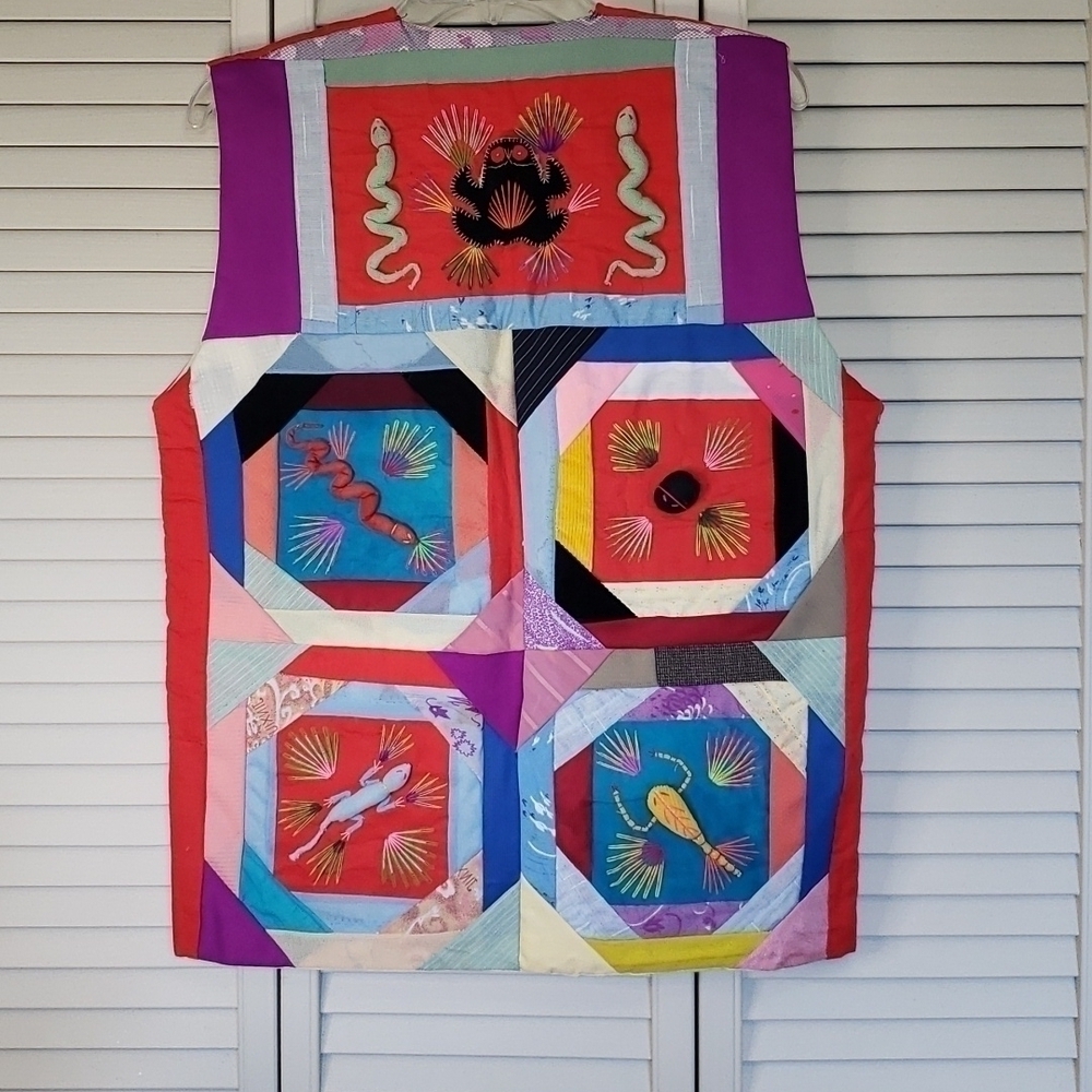 Hand Crafted Chinese Folk Art Quilted Vest with Appliques, Red/Multi